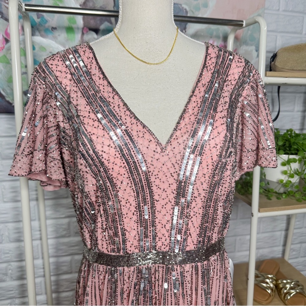 NWT Mac Duggal 5444 Deep V-Neck Rose Pink Sequin Long Gown - Picture 5 of 12